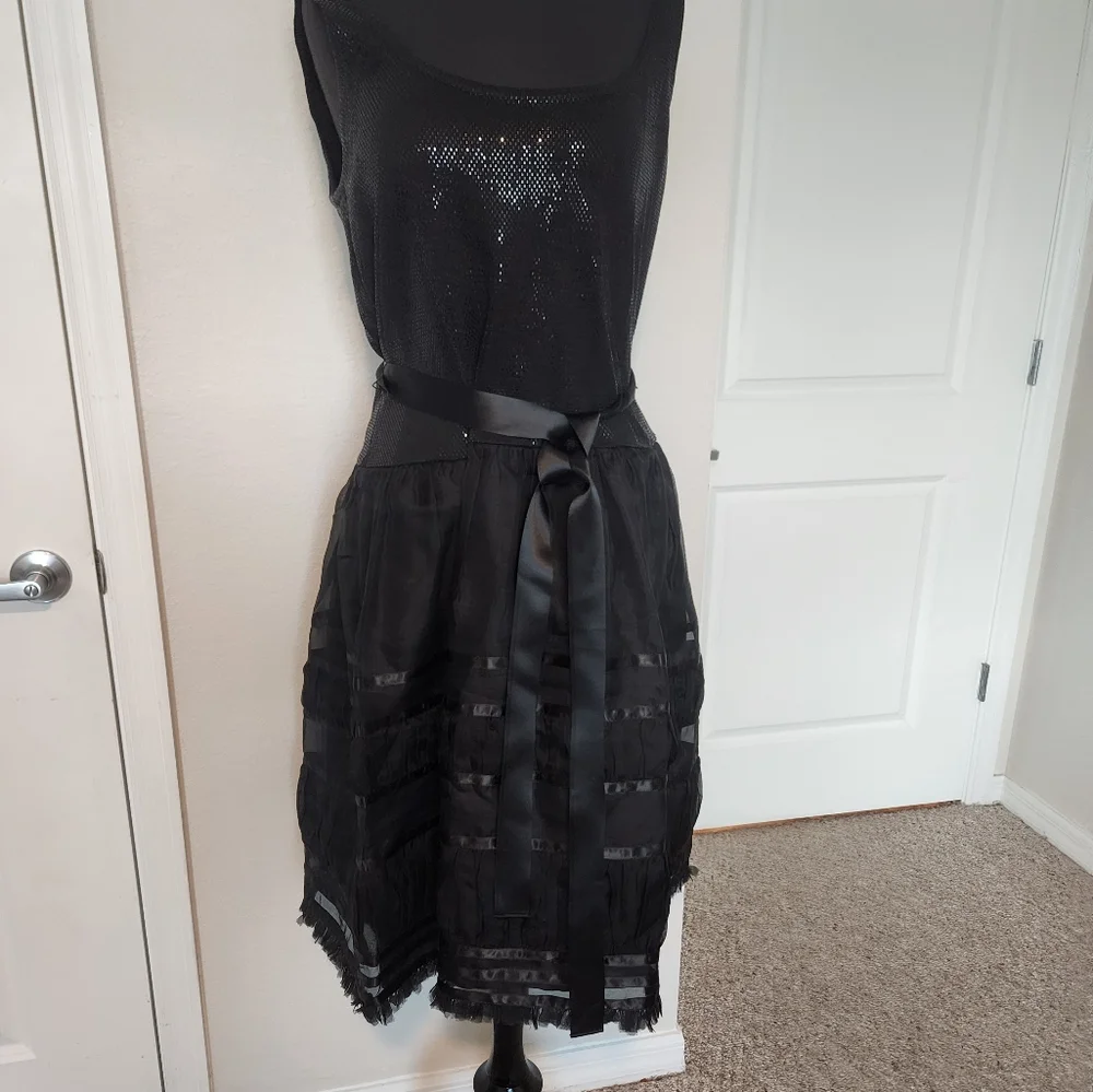 St. John Black Pleated Mini Sundress Scoop Neck